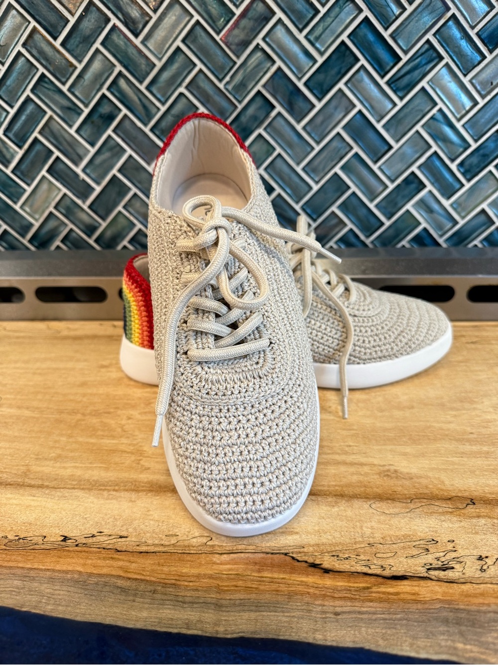 The Sak Cream Knit Sneakers with Red and Rainbow Heel Accent- new
